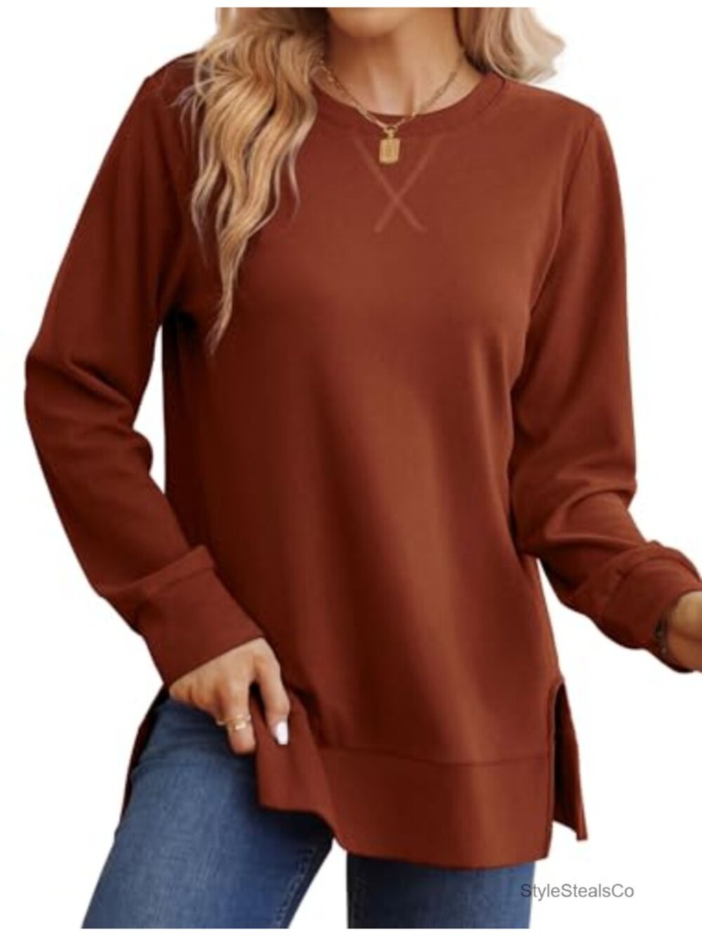 Women's Long Sleeve Sweatshirt with Side Split Hem, Relaxed Fit Pullover